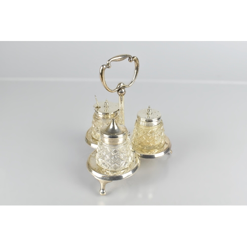 147 - An Edward VII Silver and Glass Three Piece Cruet on Silver Stand by E H Lawley & Sons, Birmingham Ha... 