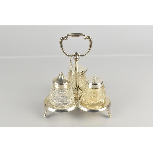 147 - An Edward VII Silver and Glass Three Piece Cruet on Silver Stand by E H Lawley & Sons, Birmingham Ha... 