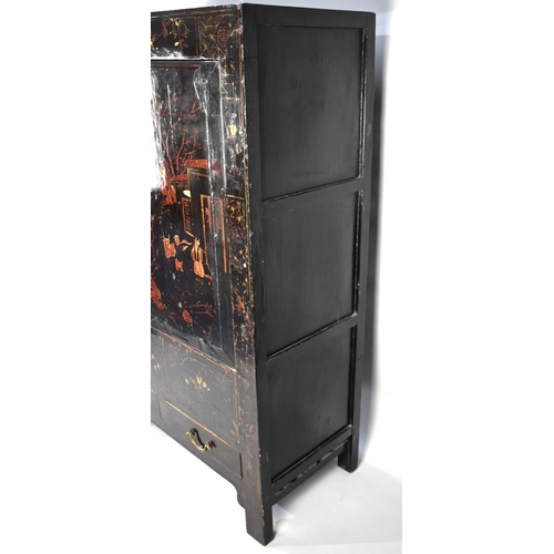 171 - A Chinese Qing Dynasty Black Lacquered Marriage Cabinet with Gilt and Polychrome Remnant Decoration ... 