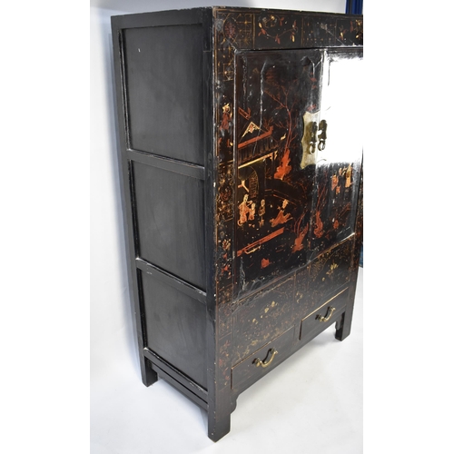 171 - A Chinese Qing Dynasty Black Lacquered Marriage Cabinet with Gilt and Polychrome Remnant Decoration ... 