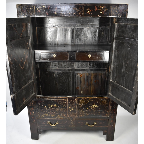 171 - A Chinese Qing Dynasty Black Lacquered Marriage Cabinet with Gilt and Polychrome Remnant Decoration ... 