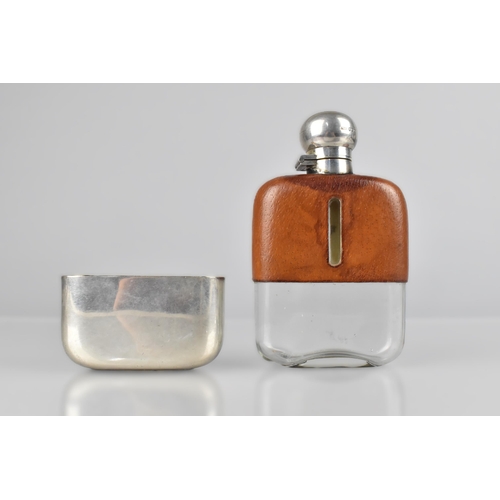 148 - A George VI Silver, Leather and Glass Hip Flask by James Deakin, Sheffield Hallmark 1947, 14.5cm hig... 