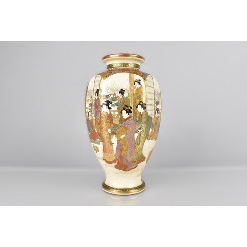 197 - A Japanese Meiji Period Satsuma Vase of Hexagonal Baluster Form Decorated with Cartouche Scenes, the... 