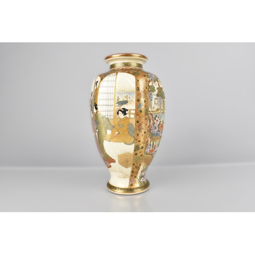 197 - A Japanese Meiji Period Satsuma Vase of Hexagonal Baluster Form Decorated with Cartouche Scenes, the... 