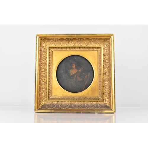 218 - An Ornate Framed Oil on Board Depicting Lady Illuminated by Candlelight, 15cm Diameter Housed in Squ... 