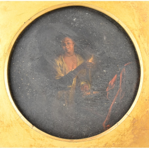 218 - An Ornate Framed Oil on Board Depicting Lady Illuminated by Candlelight, 15cm Diameter Housed in Squ... 