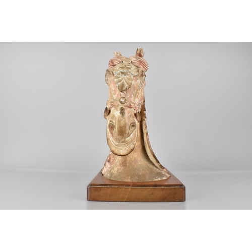 198 - A 19th Century Terracotta Horses Head on Fitted Wooden Plinth Base, Possibly Grand Tour, 28cm high