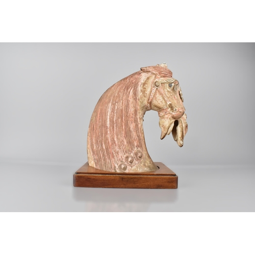 198 - A 19th Century Terracotta Horses Head on Fitted Wooden Plinth Base, Possibly Grand Tour, 28cm high