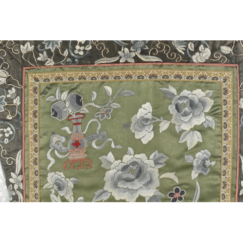 175 - A Chinese Late Qing Dynasty Embroidered Silk Panel, Vase of Flowers and Floral Border with Silvered ... 