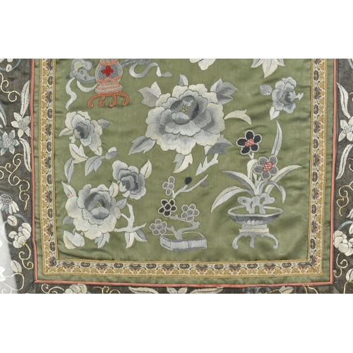 175 - A Chinese Late Qing Dynasty Embroidered Silk Panel, Vase of Flowers and Floral Border with Silvered ... 