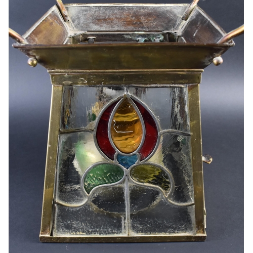 12 - A Late Victorian/Edwardian Brass and Glass Hall Lantern of Square Tapering Form with Art Nouveau Inf... 