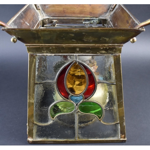 12 - A Late Victorian/Edwardian Brass and Glass Hall Lantern of Square Tapering Form with Art Nouveau Inf... 