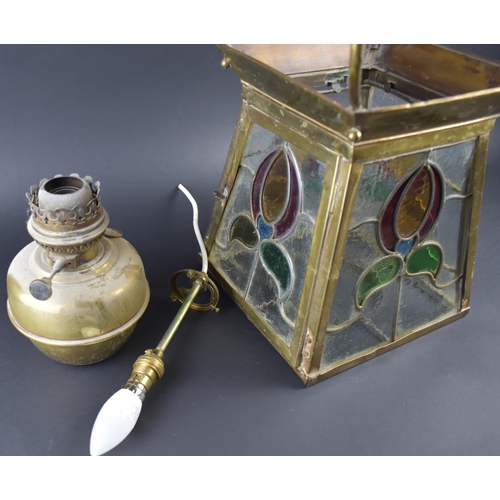 12 - A Late Victorian/Edwardian Brass and Glass Hall Lantern of Square Tapering Form with Art Nouveau Inf... 