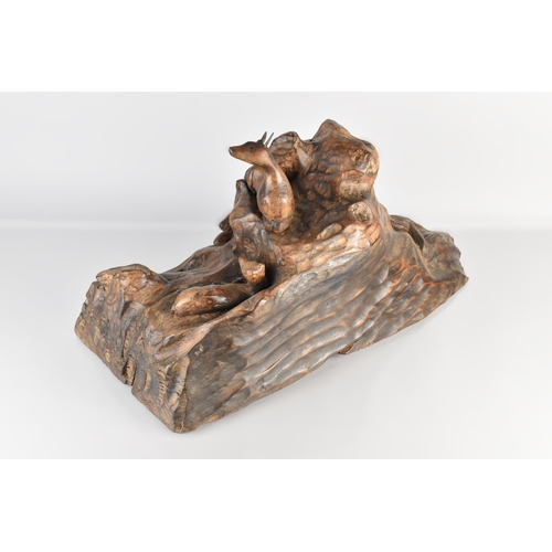 46 - A 19th Century Carved Linden-wood Folk Art Group of a Fox Stalking Two Deer, Probably Black Forest, ... 