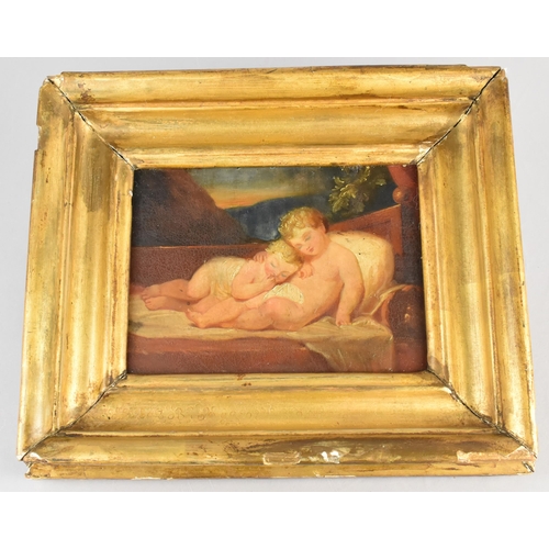 221 - A 19th Century Painting on Wooden Panel of Two Sleeping Angelic Children, in the Original Gilded Fra... 