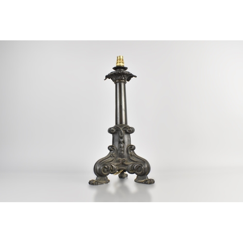 92 - An Early 19th Century William IV Bronze Table Lamp with a Tapering Column Supported on Three Acanthu... 