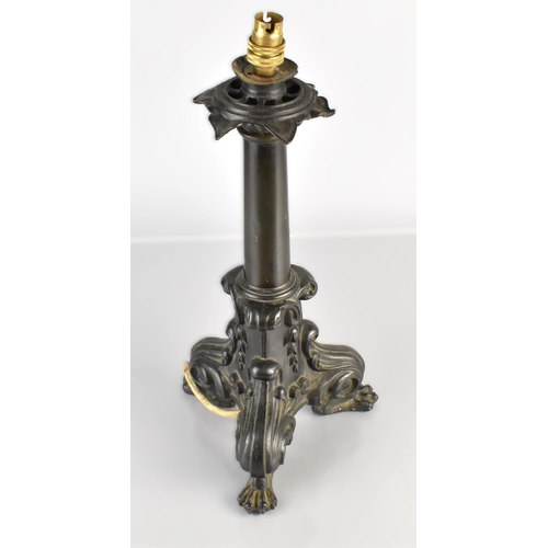 92 - An Early 19th Century William IV Bronze Table Lamp with a Tapering Column Supported on Three Acanthu... 