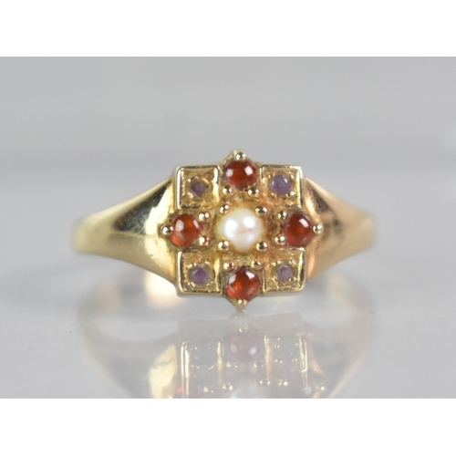 256 - A Modern 9ct Gold, Pearl, Garnet and Amethyst Ring in the Victorian Taste, Grain Set Stones in Squar... 