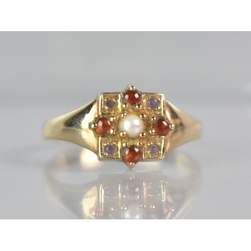 256 - A Modern 9ct Gold, Pearl, Garnet and Amethyst Ring in the Victorian Taste, Grain Set Stones in Squar... 