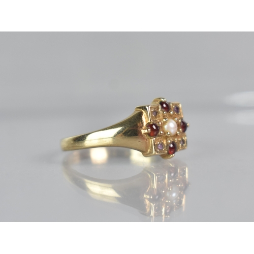 256 - A Modern 9ct Gold, Pearl, Garnet and Amethyst Ring in the Victorian Taste, Grain Set Stones in Squar... 