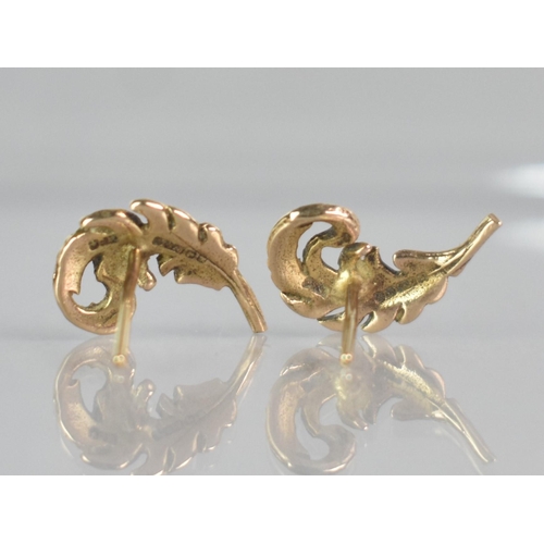 263 - A Pair of 9ct Gold Earrings, in the Form of Feathers, Each 13.9mm Wide Max, 1.2gms, Hallmarks Rubbed