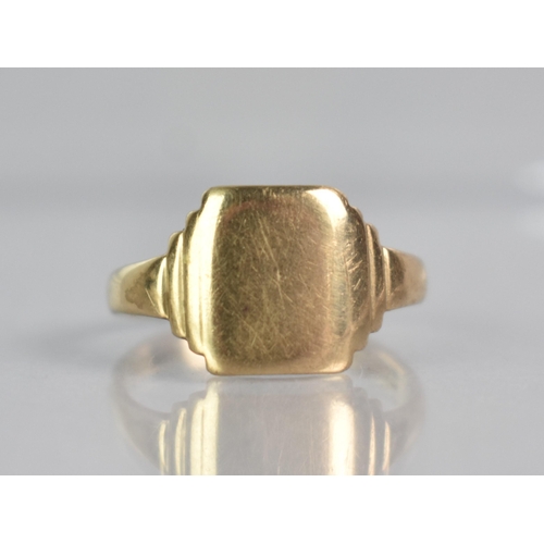 289 - A 9ct Gold Signet Ring, Square Head with Tiered Shoulders to a Plain Polished Band, Stamped to the I... 