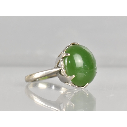 271 - A Vintage 18ct White Gold and Green Stone Ring, Possibly Nephrite Jade, Circular Cabochon Stone Meas... 