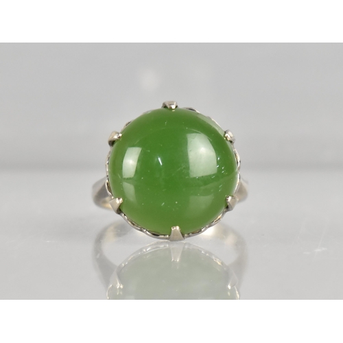 271 - A Vintage 18ct White Gold and Green Stone Ring, Possibly Nephrite Jade, Circular Cabochon Stone Meas... 