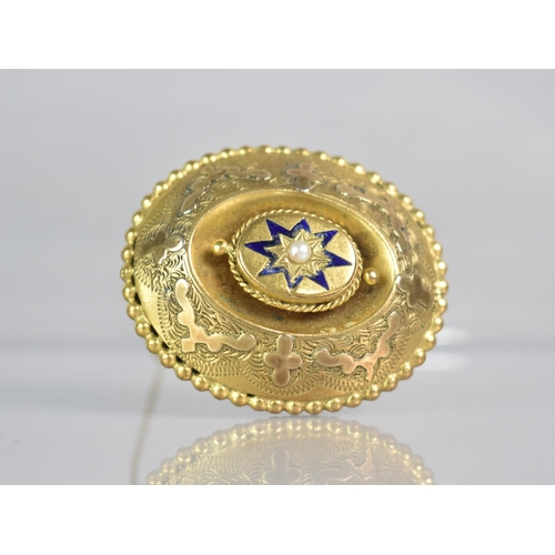 248 - A Gold Coloured Metal Victorian Brooch, Central Pearl in Star Shaped Mount havig Blue Enamel Decorat... 