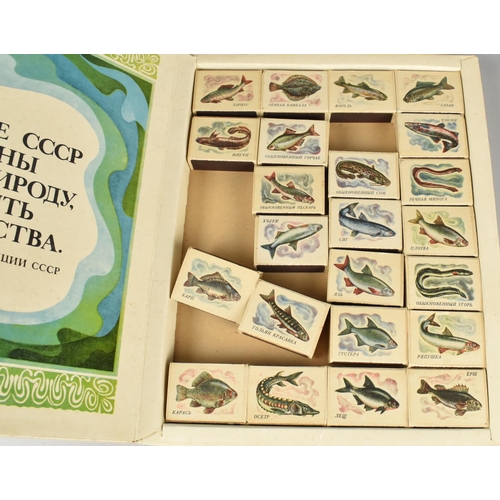 15 - A Collection of Four Vintage Russian Boxes of Decorated Matchboxes, Flowers, Fish, Birds and Puppets