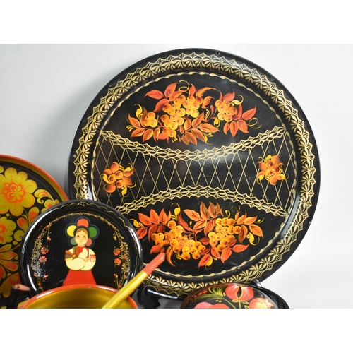 151 - A Collection of Various Russian Lacquered Items to include Circular Tray, Lidded Boxes, Decorated Eg... 