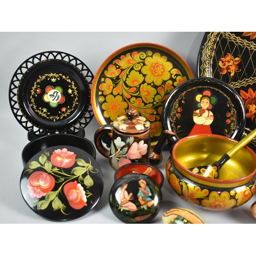 151 - A Collection of Various Russian Lacquered Items to include Circular Tray, Lidded Boxes, Decorated Eg... 