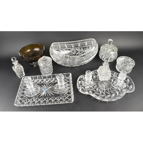 A Collection of Various Cut Glass to Comprise Dressing Table Trays, Pots,  Perfume Bottle, Large Cut