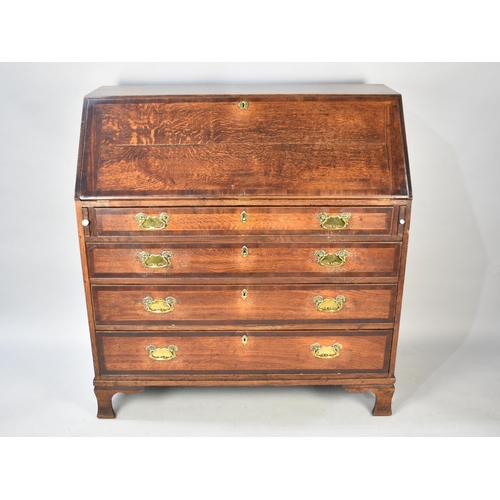 497 - A Georgian Oak Fall Front Bureau with Fitted Interior and Four Graduated Long Drawers to Base, Brack... 