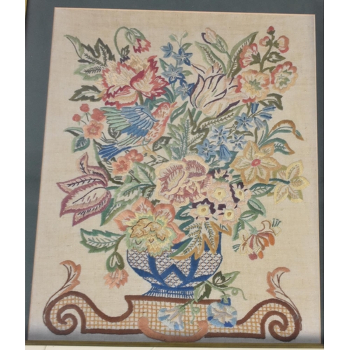 509 - A Framed Embroidery, Vase of Flowers, together with Three Pictures and Prints