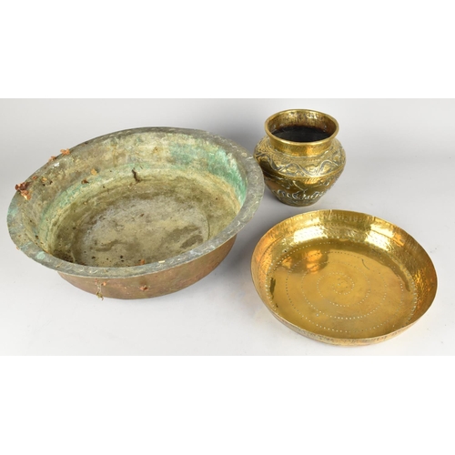 524 - A Copper Wash Bowl, Brass Circular Tray and Indian Brass Vase