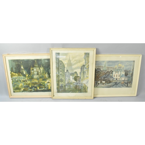 526 - Three Framed and Glazed Russian Colour Auto Lithographs, St. Basil's Cathedral, Demko, Frunzenskaya ... 