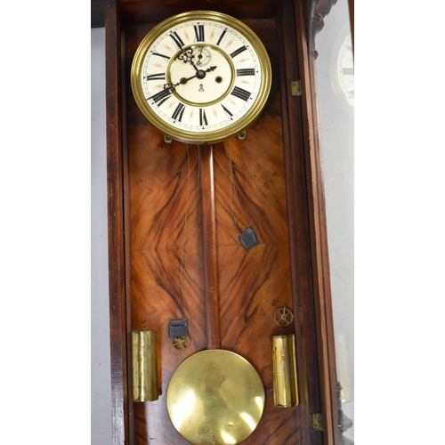 81 - A Late Victorian/Edwardian Double Weight Vienna Wall Clock of Architectural Form Having Carved Eagle... 