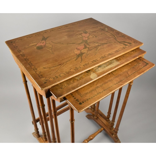 404 - A Nest of Three Tables with Coloured Poker Work Decoration, Birds, 47.5cms Wide