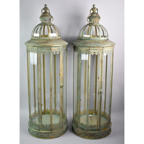 426 - A Pair of Tall Green Patinated Brass Lanterns of Circular Form, 85cms High