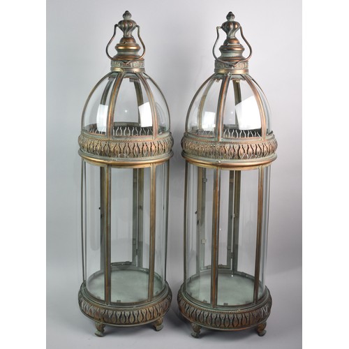 427 - A Pair of Tall Circular Copper Patinated Lanterns, 80cms High