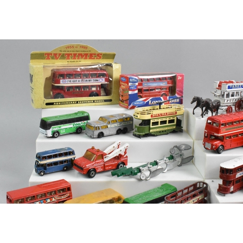 310 - A Collection of Twenty Nine Various Diecast Buses, Coaches, Recovery Truck and Plough, Various Makes... 