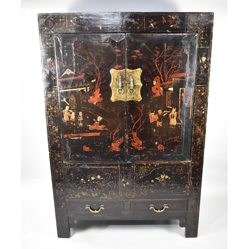 590 - A Chinese Qing Dynasty Black Lacquered Marriage Cabinet with Gilt and Polychrome Remnant Decoration ... 