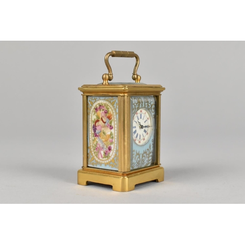 16 - A Miniature Gilt Brass and Porcelain Panel Sevres Style Carriage Clock Decorated Panels on All Sides... 