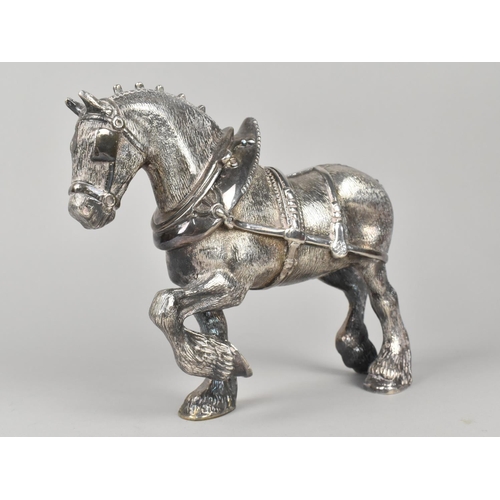 18 - A Heavy Silver Plate Bronze Study of Shire Horse in Harness, Nicely Modelled, 22cms Long and 17.5cms... 