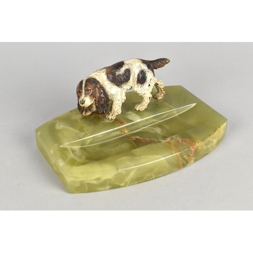 21 - A Vintage Cold Painted Bronze Spaniel on Green Onyx Pen Rest Base, 13.5cms Long