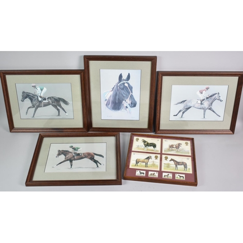 249 - A Set of Four Race Horse Prints After Brunyee together with a Framed Set of Horse Stamps