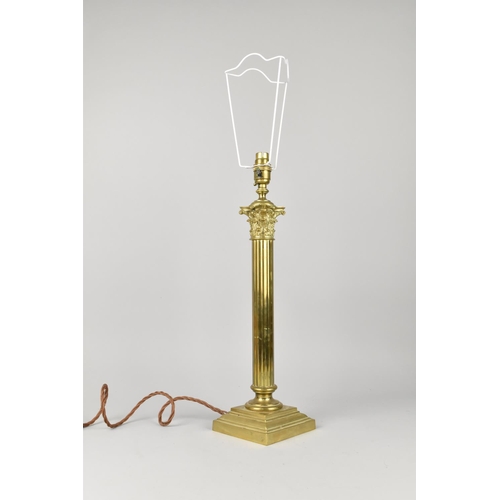 29 - A Vintage Brass Table Lamp Base in the Form of a Reeded Corinthum Column, No Shade, Lamp 49cms High