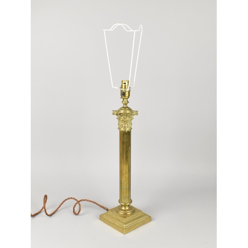 29 - A Vintage Brass Table Lamp Base in the Form of a Reeded Corinthum Column, No Shade, Lamp 49cms High