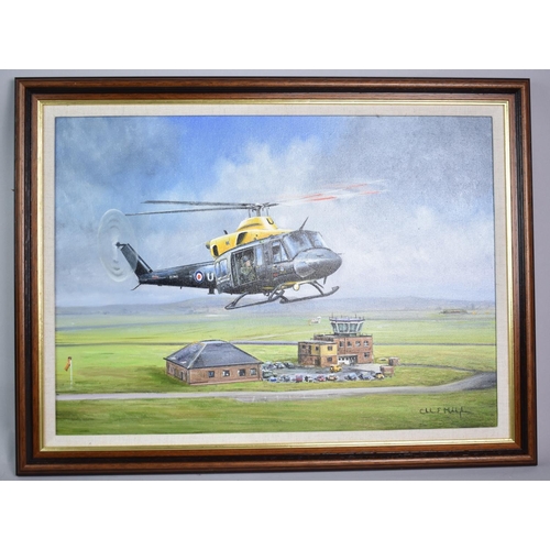 343 - A Framed Oil on Canvas, Bell Helicopter in Flight Over Base, Signed Charles McHugh, Subject 55x39cm